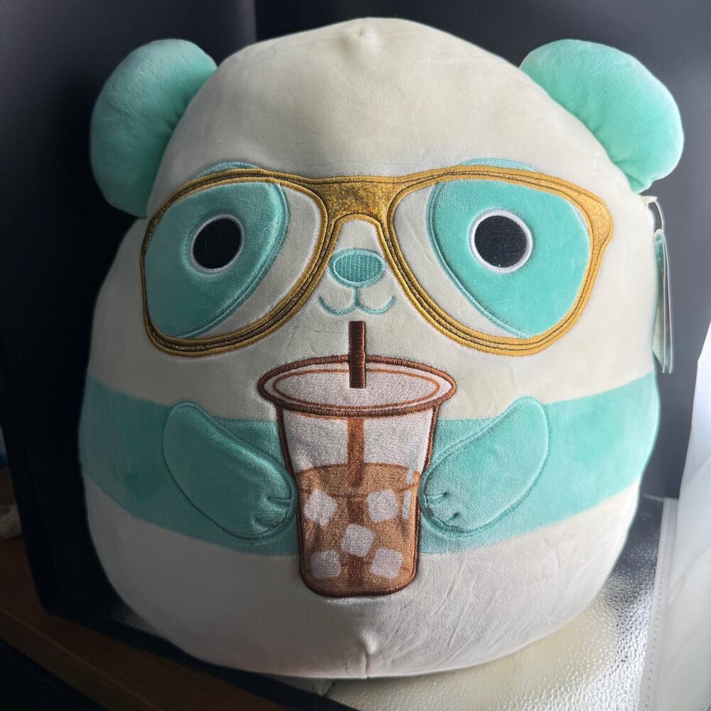 Squishmallows Sissy Teal Panda 14" Gold Glasses Iced Coffee Kellytoy Tag